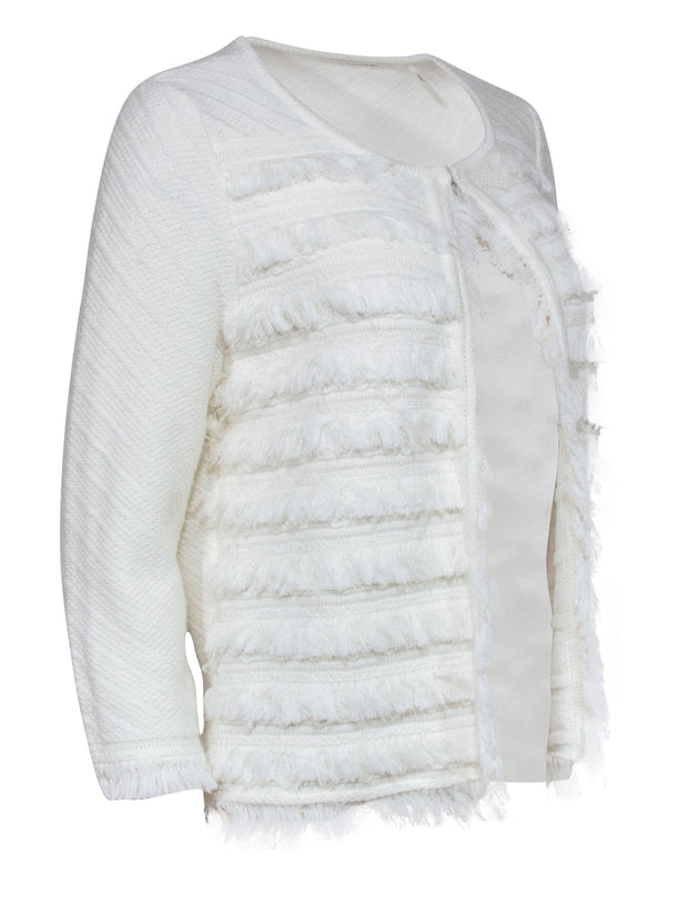 Current Boutique-Tahari - White Collarless Knit Blazer w/ Fraying Sz M