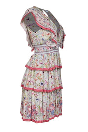 Current Boutique-Taj by Sabrina Crippa - Ivory, Pink, & Multi Color Floral Ruffle Trim Dress Sz M