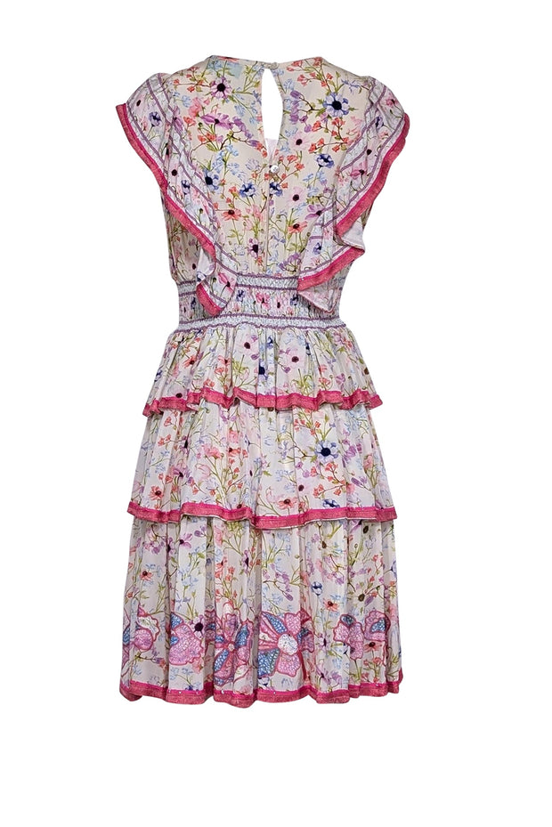 Current Boutique-Taj by Sabrina Crippa - Ivory, Pink, & Multi Color Floral Ruffle Trim Dress Sz M