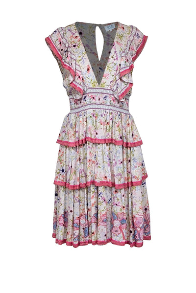 Current Boutique-Taj by Sabrina Crippa - Ivory, Pink, & Multi Color Floral Ruffle Trim Dress Sz M