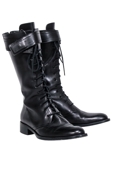 Current Boutique-Tamara Mellon - Black Leather Tall Combat Boots Sz 9