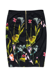 Current Boutique-Ted Baker - Black & Multi Color Floral Hummingbird Print Pencil Skirt Sz 4