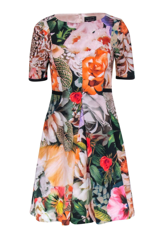 Current Boutique-Ted Baker - Black, Peach, & Multi Color Floral Short Sleeve Dress Sz 4