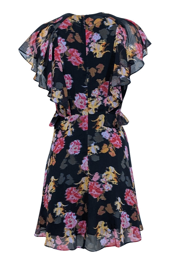 Current Boutique-Ted Baker - Black w/ Pink & Yellow Abstract Floral Print Ruffled Dress Sz 8