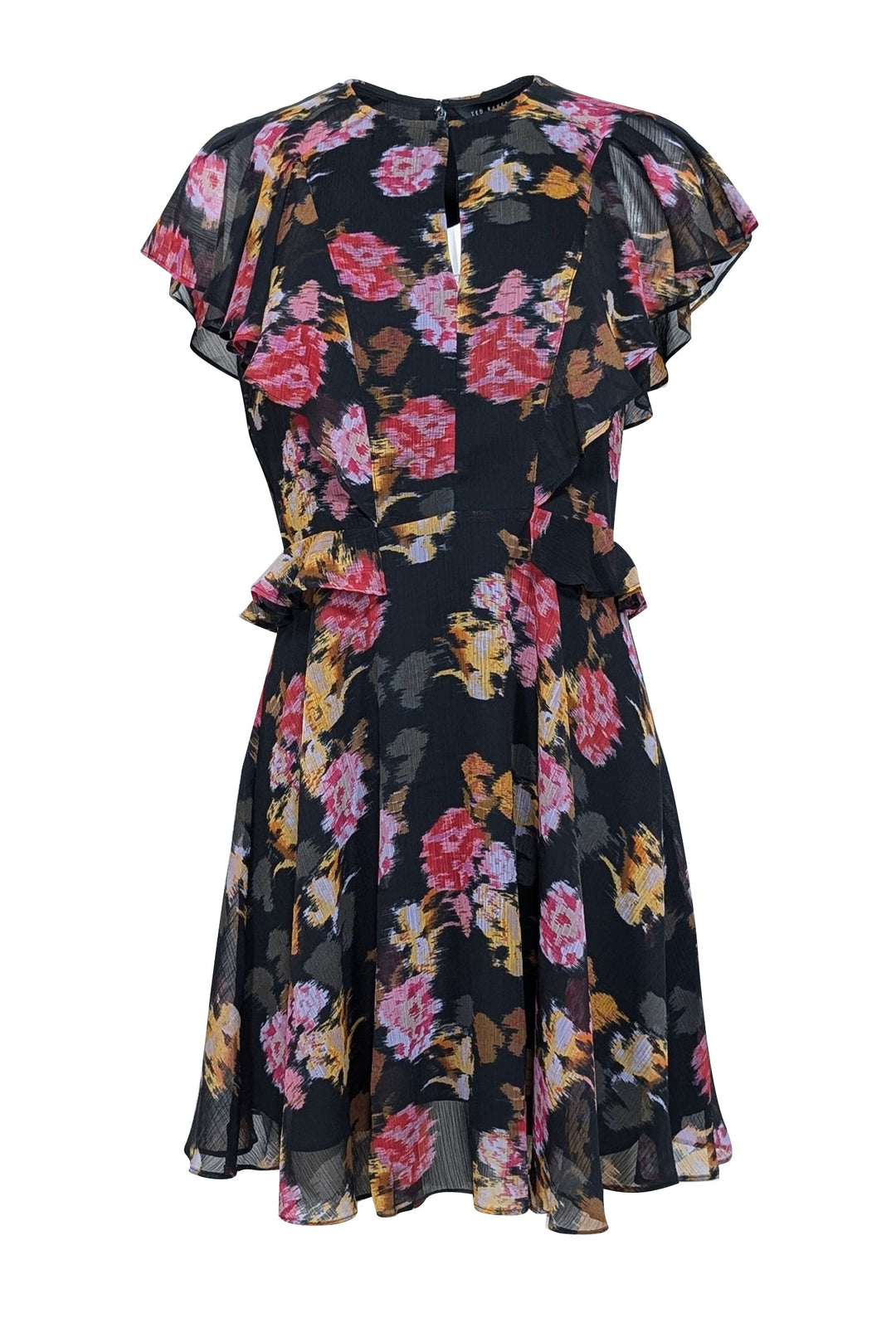 Ted Baker - Black w/ Pink & Yellow Abstract Floral Print Ruffled Dress –  Current Boutique