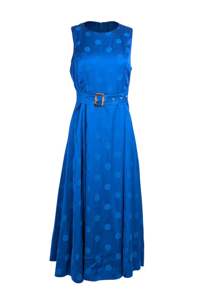 Current Boutique-Ted Baker - Blue Polka Dot Satin Jacquard Belted Midi Dress Sz 10