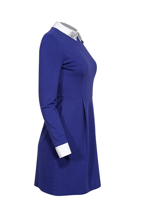 Current Boutique-Ted Baker - Blue w/ Embellished White Collar Long Sleeve Mini Dress Sz 4