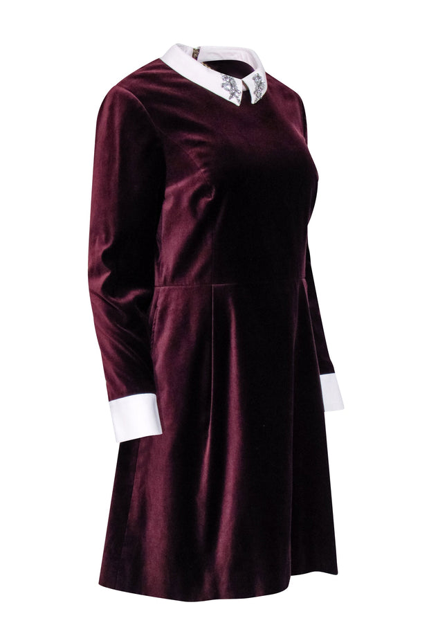 Current Boutique-Ted Baker - Maroon Velvet A-Line Dress w/ Jeweled Peter Pan Collar Sz 10
