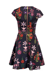 Current Boutique-Ted Baker - Navy & Multi Color Floral Textured Cap Sleeve Flared Dress Sz 4