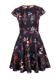 Current Boutique-Ted Baker - Navy & Multi Color Floral Textured Cap Sleeve Flared Dress Sz 4