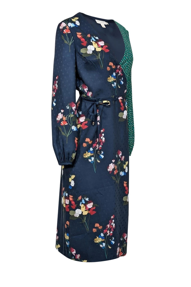 Current Boutique-Ted Baker - Navy w/ Multi Color Floral & Green & Red Spotted Detail Wrap Dress Sz 6