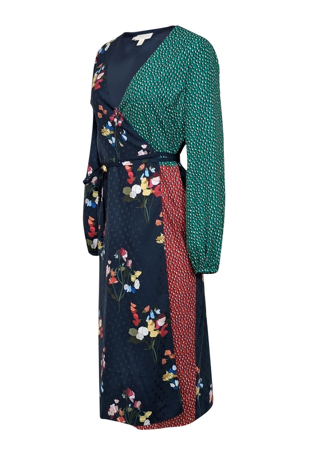 Current Boutique-Ted Baker - Navy w/ Multi Color Floral & Green & Red Spotted Detail Wrap Dress Sz 6