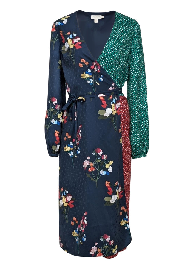 Current Boutique-Ted Baker - Navy w/ Multi Color Floral & Green & Red Spotted Detail Wrap Dress Sz 6