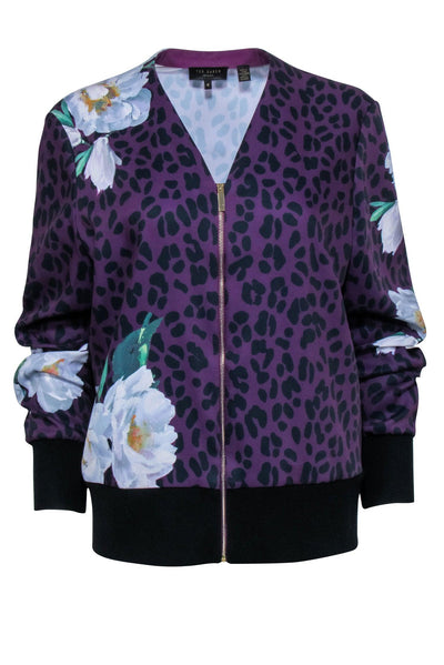 Current Boutique-Ted Baker - Purple & Black Leopard & Floral Print Zipper Front Bomber Jacket Sz 10