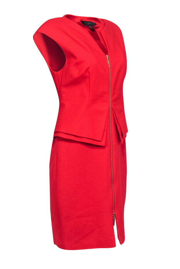 Current Boutique-Ted Baker - Red Peplum Zip-Up Sheath Dress w/ Padded Shoulders Sz 8
