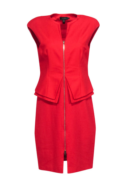 Current Boutique-Ted Baker - Red Peplum Zip-Up Sheath Dress w/ Padded Shoulders Sz 8