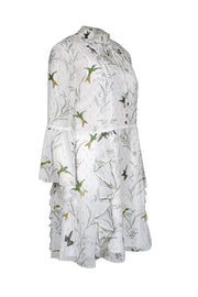 Current Boutique-Ted Baker - White w/ Green Bird Print & Metallic Flecks Ruffled Dress Sz 4