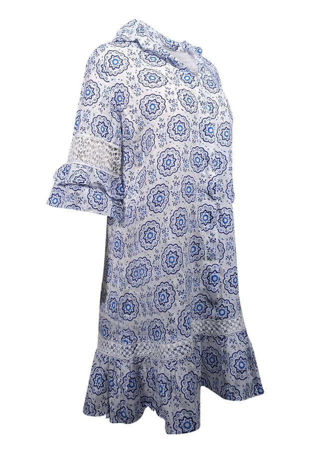 Current Boutique-Temptation Positano - White & Blue Mandala Print Linen Dress Sz S