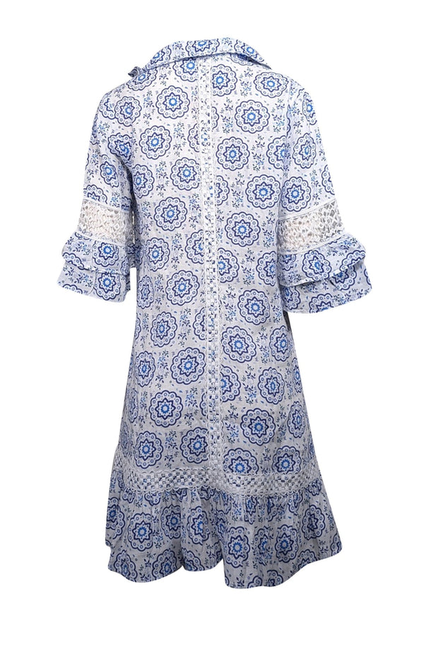 Current Boutique-Temptation Positano - White & Blue Mandala Print Linen Dress Sz S