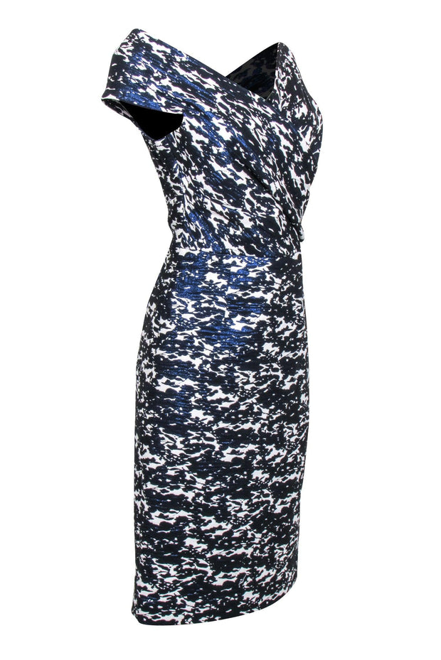 Current Boutique-Teri Jon - Metallic Blue & White Print Off The Shoulder Dress Sz 12