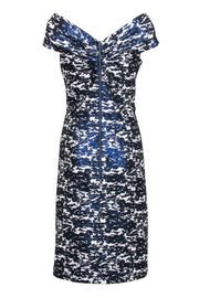 Current Boutique-Teri Jon - Metallic Blue & White Print Off The Shoulder Dress Sz 12