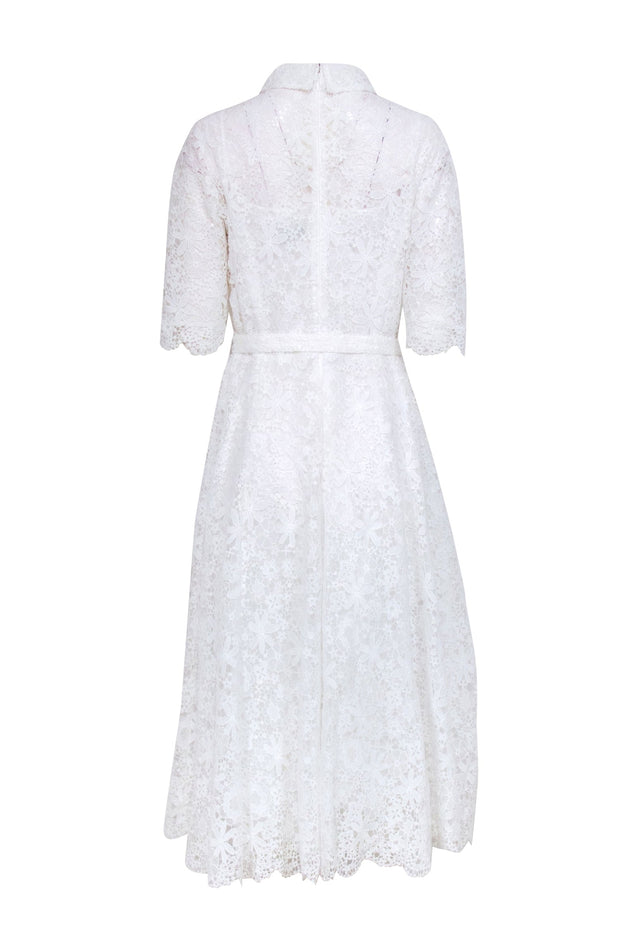 Current Boutique-Teri Jon - White Lace Peter Pan Collar Belted Dress Sz 12
