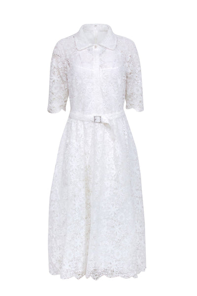 Current Boutique-Teri Jon - White Lace Peter Pan Collar Belted Dress Sz 12
