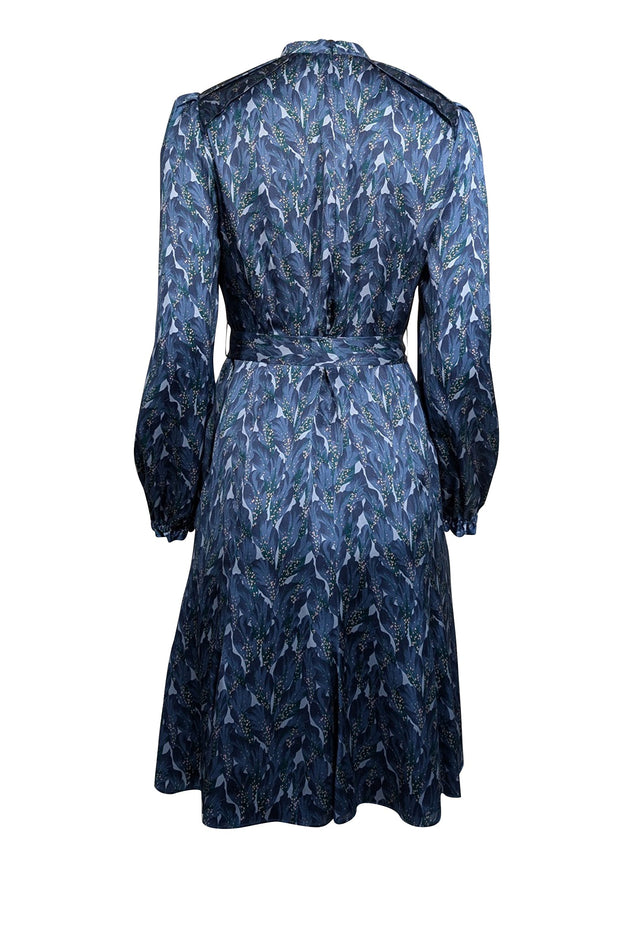 Current Boutique-The Fold - Blue Leaf Print Silk A-Line Dress w/ Belt Sz 8