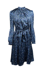 Current Boutique-The Fold - Blue Leaf Print Silk A-Line Dress w/ Belt Sz 8