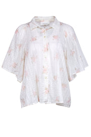 Current Boutique-The Great - Ivory w/ Pink Floral Print Semi Sheer Textured Blouse Sz L