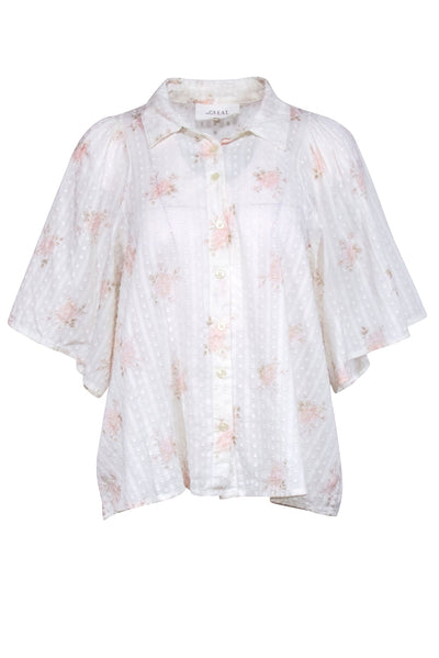 Current Boutique-The Great - Ivory w/ Pink Floral Print Semi Sheer Textured Blouse Sz L