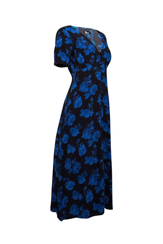 Current Boutique-The Kooples - Black & Blue Dot & Rose Print Midi Dress Sz 4