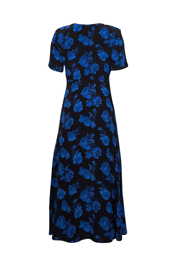 Current Boutique-The Kooples - Black & Blue Dot & Rose Print Midi Dress Sz 4