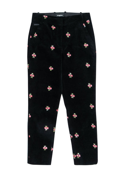 Current Boutique-The Kooples - Black & Pink Floral Embroidered Velvet Pants Sz S