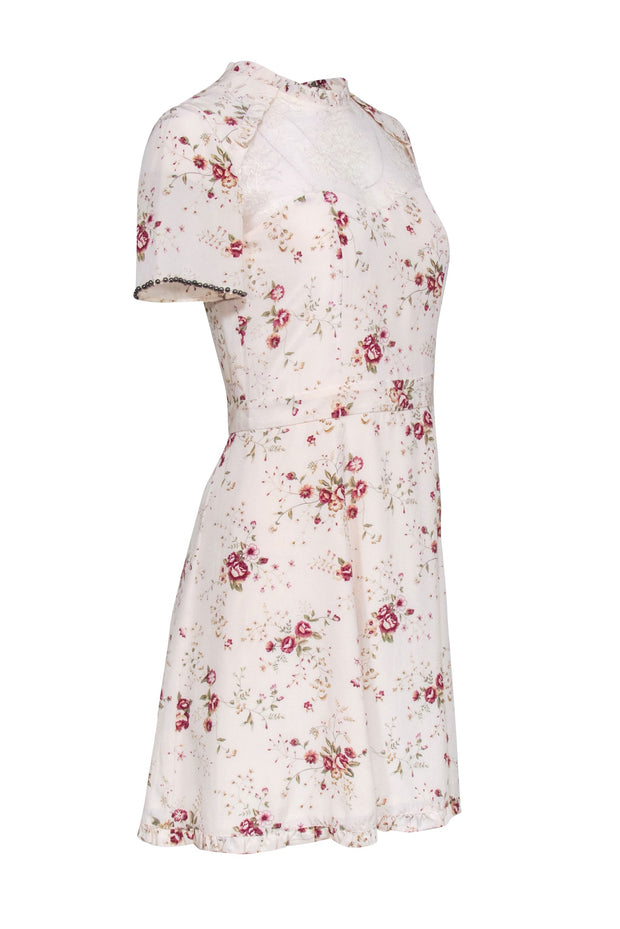 Current Boutique-The Kooples - Cream Floral Silk Short Sleeve Mini Dress Sz XS