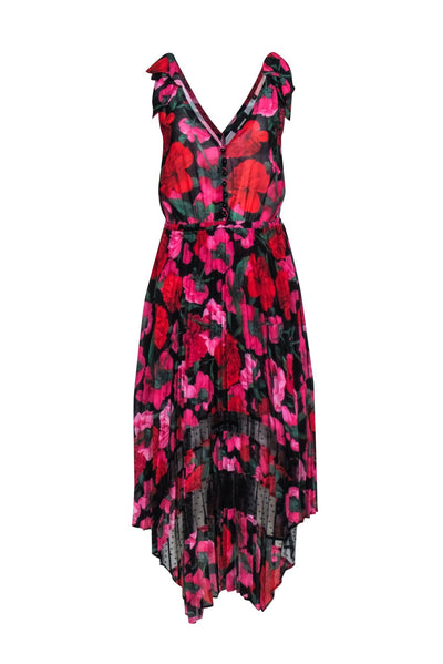 Current Boutique-The Kooples Red & Pink Floral on Black Base Sleeveless Pleated Skirt Dress Sz 2
