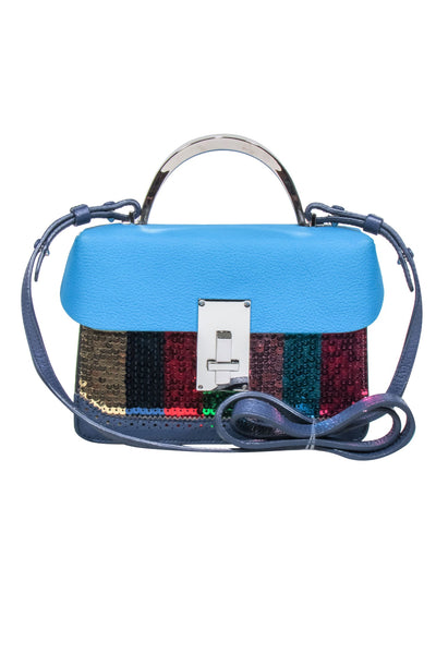 Current Boutique-The Volon - Teal Blue Leather w/ Multi Color Sequin Stripe Crossbody Bag