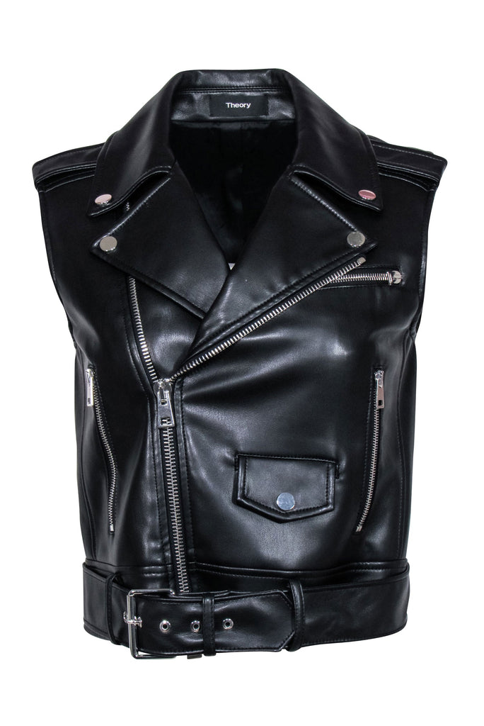 Theory - Black Faux Leather Moto Zip Vest Sz S – Current Boutique