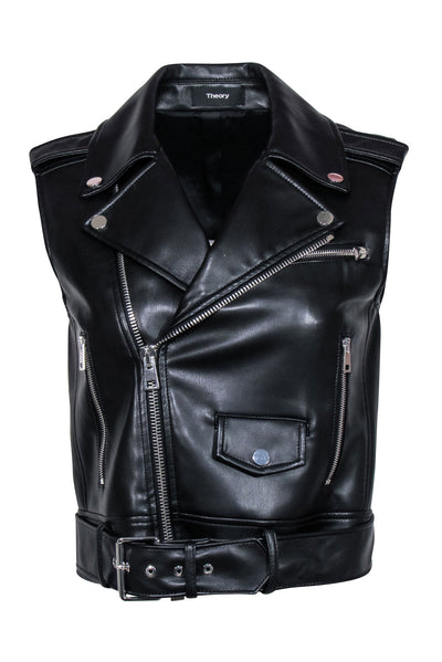 Current Boutique-Theory - Black Faux Leather Moto Zip Vest Sz S