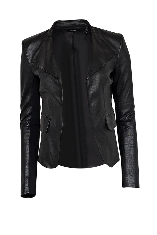 Current Boutique-Theory - Black Leather Blazer Jacket w/ Front Lapels Sz P