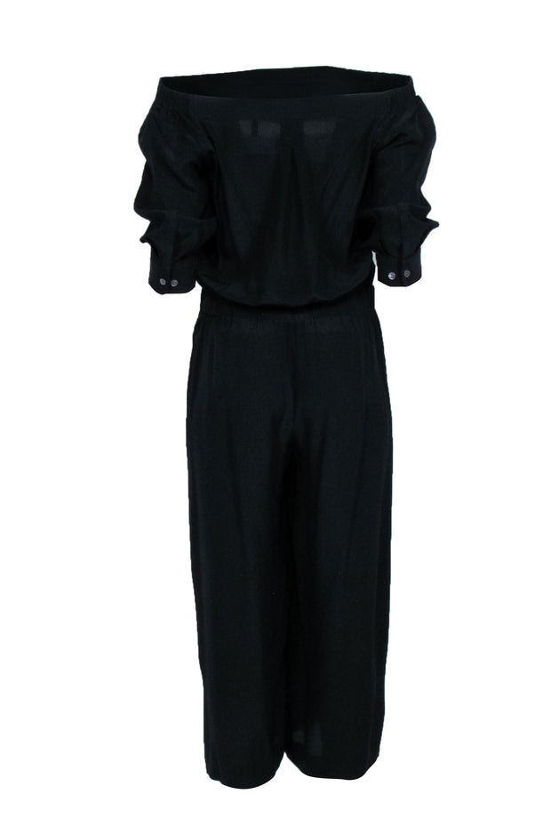 Current Boutique-Theory - Black Off the Shoulder Silk Short Sleeved Jumpsuit Sz 6