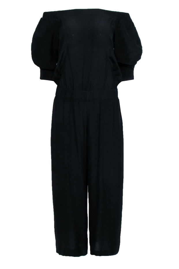 Current Boutique-Theory - Black Off the Shoulder Silk Short Sleeved Jumpsuit Sz 6