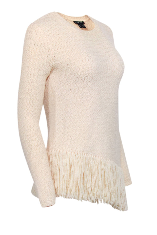 Current Boutique-Theory - Cream Merino Wool Blend Sweater w/ Asymmetrical Fringe Trim Sz S