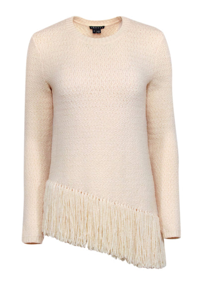 Theory - Cream Merino Wool Blend Sweater w/ Asymmetrical Fringe Trim Sz S