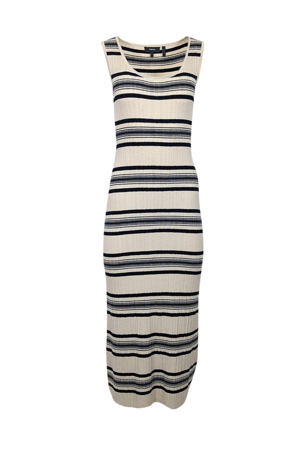 Current Boutique-Theory - Cream & Navy Striped Wool Blend Ribbed Knit Dress Sz P