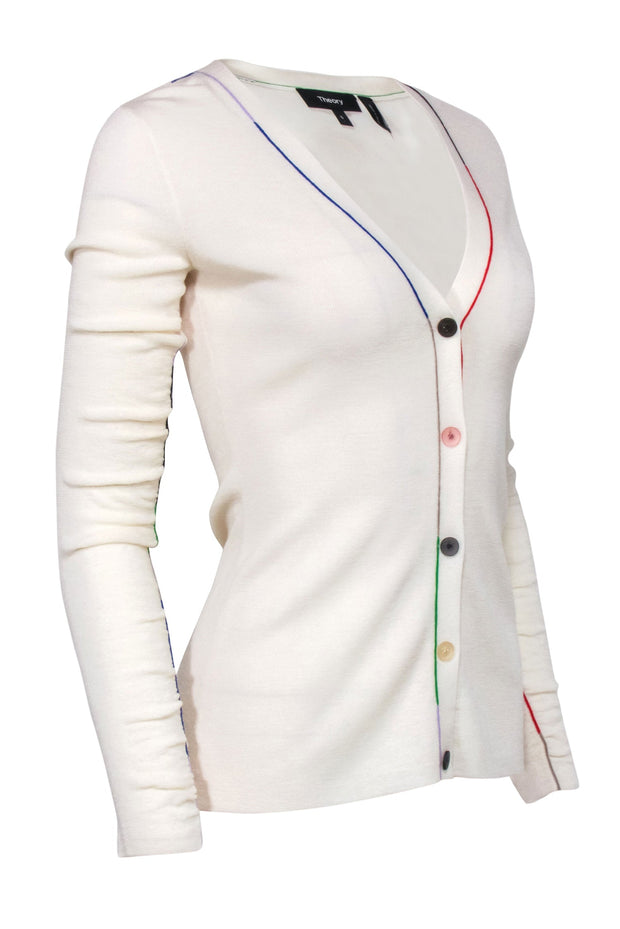 Current Boutique-Theory - Ivory Wool Cardigan w/ Multi-Colored Buttons Sz S