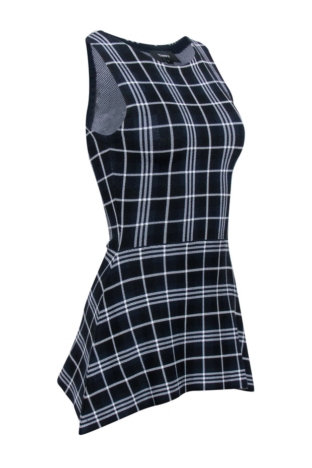 Current Boutique-Theory - Navy, Black, & White Plaid Knit Peplum Top Sz P