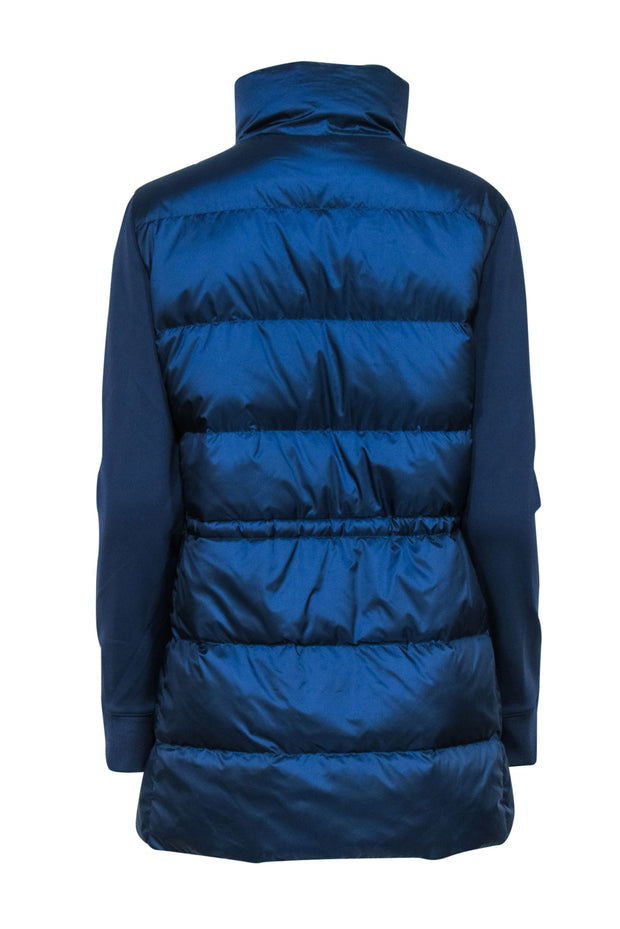 Current Boutique-Theory - Navy Blue Quilted Puffer Coat w/ Drawstring & Scuba Sleeves Sz M