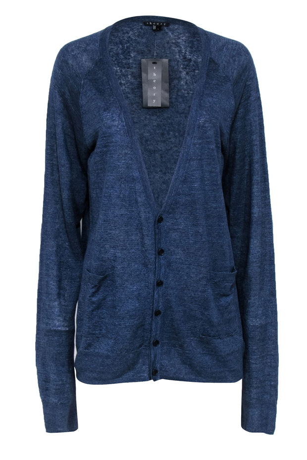 Current Boutique-Theory - Navy Knit Linen Blend Cardigan Sz L