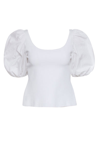 Current Boutique-Theory - White Knit Top w/ Poplin Puff Short Sleeves Sz S